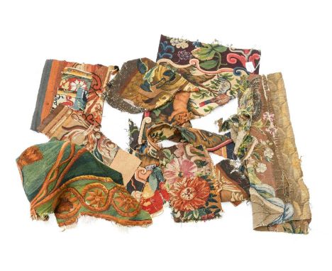 Collection of 17th and 18th Century Tapestry Remnants, comprising various sizes and designs including floral, animals and bir