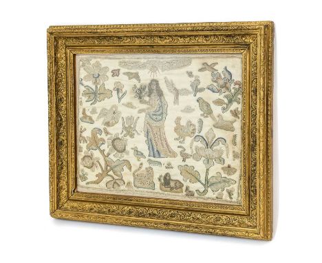 Circa 17th Century Embroidery, depicting a central female figure in a blue, yellow and red robe, with long curly hair, holdin