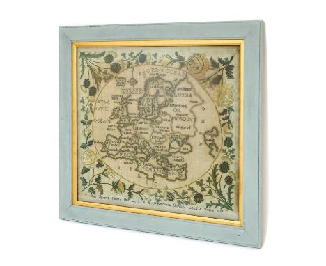 Embroidered Map Sampler of Europe Worked by Ann Sprott, Aged 9 years, Dated 1839, E Andersons School, the cross-stitch map wo