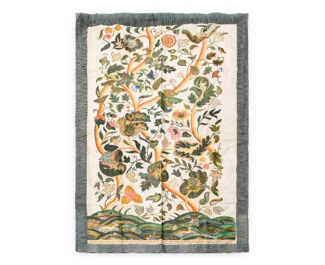 A Stylish 20th Century Hand Painted Linen Curtain Panel Depicting the Tree of Life, comprising a tree with sinuous branches d