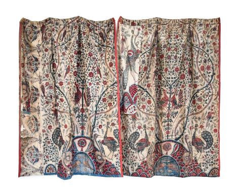 18th/19th Century Pair of Palampore Decorative Printed Curtains, on cotton depicting a central tree within an oval shaped bot