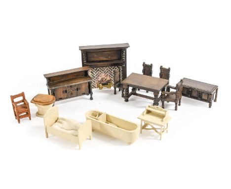 Circa 1930s Elgin of Enfield Dolls House Furniture, comprising turned oak dining furniture and a fire surround,Circa 1915 Ger