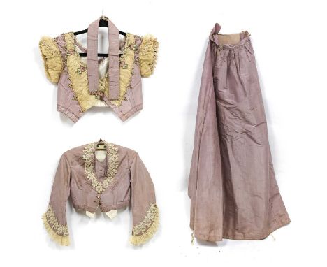 A 19th Century Pale Mauve Silk Outfit comprising an evening bodice with capped sleeves, scooped neckline, mounted with pleate