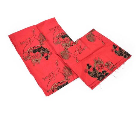 Two Lengths of Cashar Fabrics Cavalry Pattern Screen Print Design Fabric, depicting Japanese Samurai soldiers on horseback pr