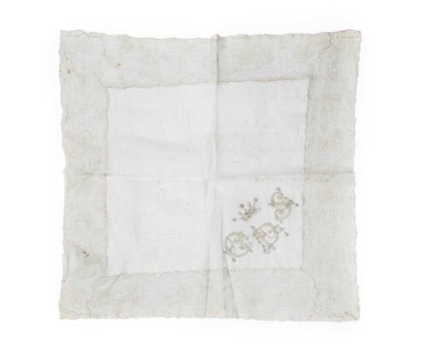 A 19th Century Lace Trimmed Handkerchief bearing the initials 'CDS' with a coronet supporting five 'balls', within a decorati