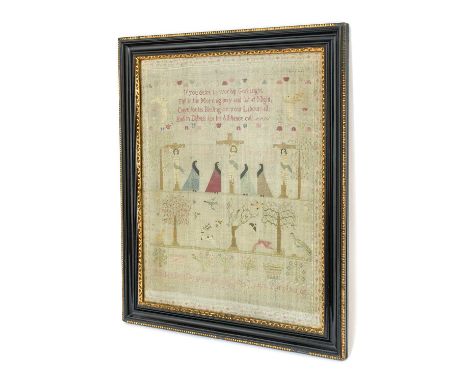 Alphabet Sampler Worked by Elizabeth Dern Aged 12, 1799 designed in four bands, with verse worked in red stitches to the top,