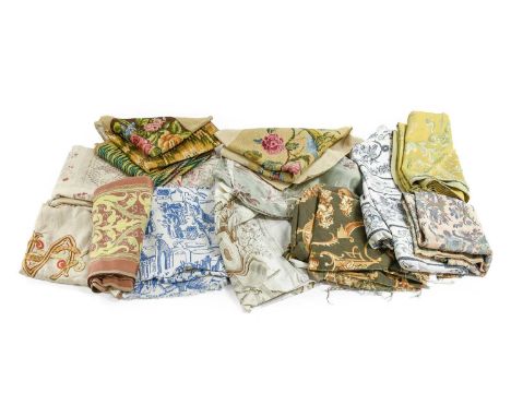 Assorted Textiles of Various Dates, comprising a floral printed cotton panel with decorative flowerheads and feathers 130cm b