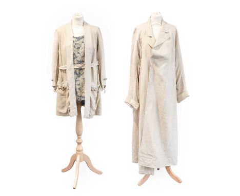 Edwardian Cream Silk Gents Long Motoring Coat with long sleeves, fold-back cuffs, collar, button fastening and side pockets, 