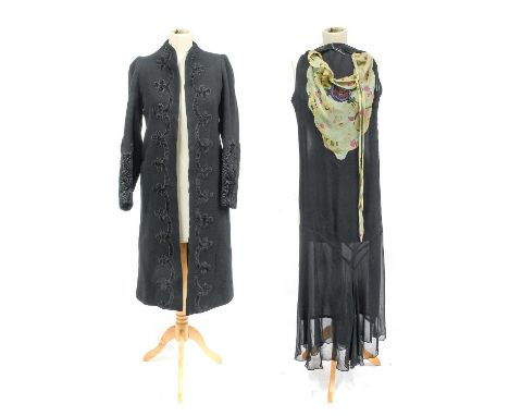 A Circa 1930s Black Chiffon Evening Dress with a green printed chiffon mount to the neckline and a bead floral appliqué,toget