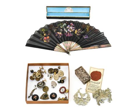 Various Buttons, Brooches and Other Items, comprising two porcelain cherub buttons, essex crystal button of a sailing boat, b