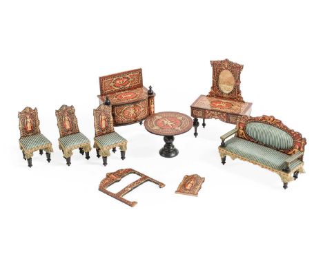 Circa 1890s German Dolls House Suite of Furniture comprising a mirror back dressing table, sideboard, pedestal table, a sofa 