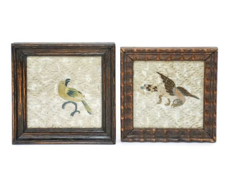 Two Late 18th Century Embroidered Birds, worked in coloured silks on cream silk with hand stitched quilted diamonds, both in 