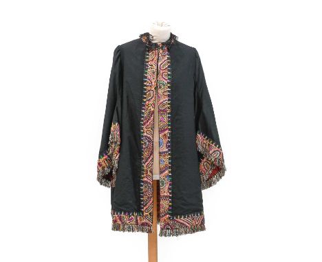 Late 19th Century Fine Black Wool Long Jacket, with flared three quarter length sleeves, front opening, hem and cuffs trimmed