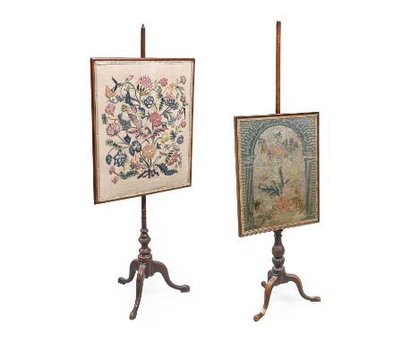 19th Century Mahogany Firescreen on a turned and carved tripod base, the linen screen embroidered with decorative 18th centur