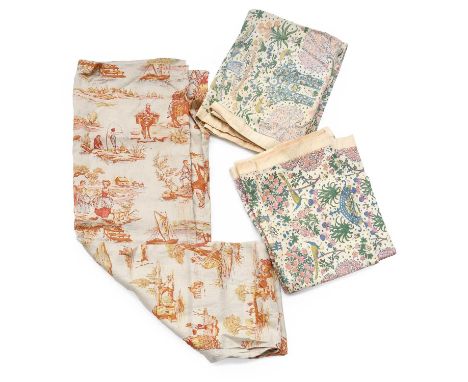 Pair of Early 20th Century Printed Linen Curtains Designed by Sidney Mawson 'Pleasaunce' Pattern, depicting peacocks amongst 