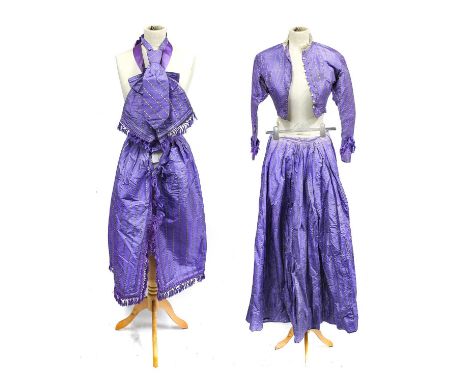Mid 19th Century Purple Striped Silk Wedding Outfit, comprising a fitted long sleeve bodice with a lace trim to the round nec