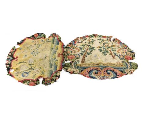 18th &amp; 19th Century Wool and Petit Point Tapestry Remnants comprising an 18th century cartouche remnant depicting a centr