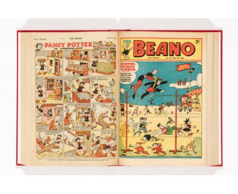 Beano comics (1951) 442-493. Complete year in bound volume including issue 452 1st Dennis The Menace. Bright covers, cream/li