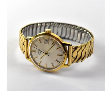 ROTARY; a gentlemen's vintage gold plated crown wind wristwatch, the silvered dial set with raised gold and black baton numer