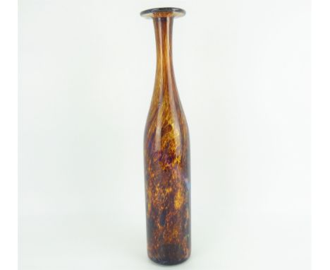 MDINA; a large art glass vase of slender bottle shape with flared neck, mottled brown with iridescent diagonal line, polished