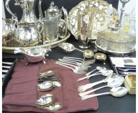 A quantity of silver plated items to include a 19th century four-piece electroplated tea set, various items of cutlery includ