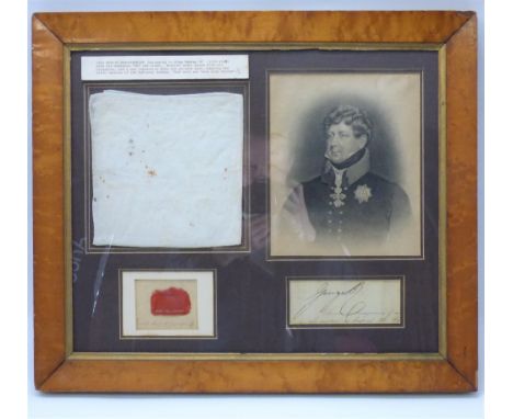 A framed montage of George IV related items to include a muslin handkerchief stamped with the small crown/GR/1824, a monotone