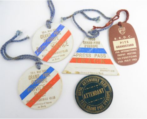 FORMULA ONE; four badges from the first ever Formula One race held on 13th May 1950 and one other, four cardboard badges (thr