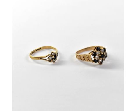 Two ladies' vintage 9ct gold rings, comprising a blue and white stone flower cluster with crosshatch design to the shoulders,