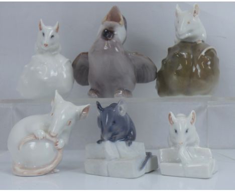 ROYAL COPENHAGEN; five small rat and mouse cabinet figures, including an example on a boulder, one biting its tail, etc and a