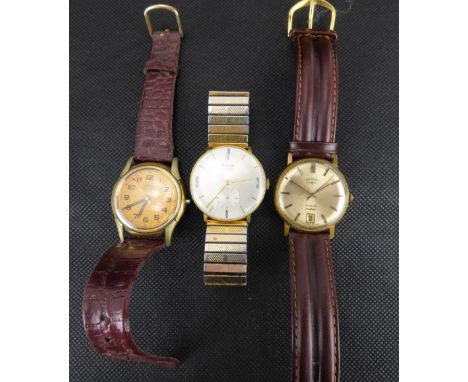 Three vintage gentlemen's wristwatches comprising a Rotary 21 jewel example, the gold dial set with raised batons, date apert