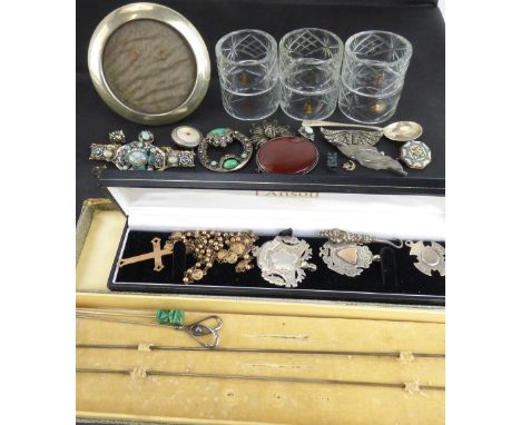 Various items of costume jewellery to include silver watch prize fobs, marcasite and other costume jewellery brooches, bracel