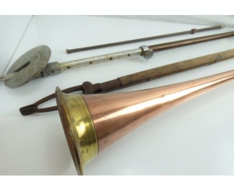 Various mixed collectibles to include a long brass and copper coaching horn, a riding crop, a metal shooting stick and a vint