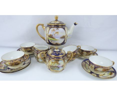 NORITAKE; an early 20th century fifteen-piece tea service with hand painted rural landscape panels, gilt decoration and cobal