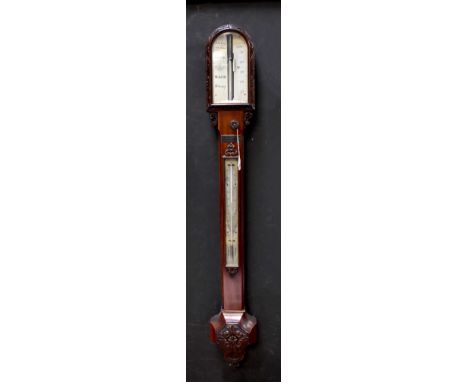 C W DIXEY Optician to the Queen, 3 New Bond Street London; a Victorian mahogany stick barometer/thermometer, arched barometer