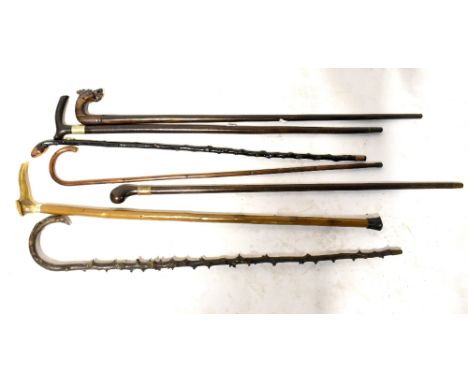 Seven various walking sticks including a bamboo cane, a blackthorn stick, an Oriental carved dragon head stick, a wooden stic