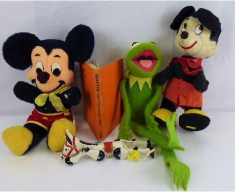 Two vintage Walt Disney Mickey Mouse toys, one from the 1970s, the other early 1980s, both with Walt Disney labels, length of