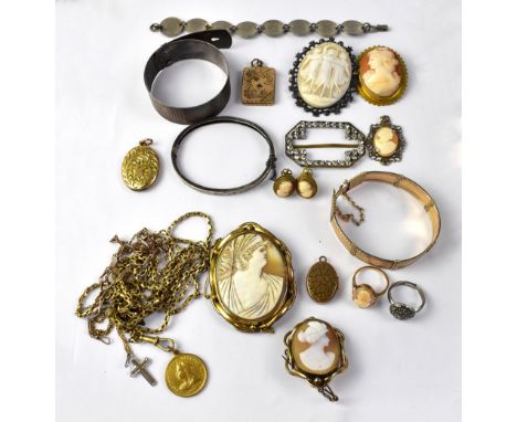 Various items of costume jewellery to include a 9ct gold cameo ring size O, silver adjustable bracelets, gold-coloured chains