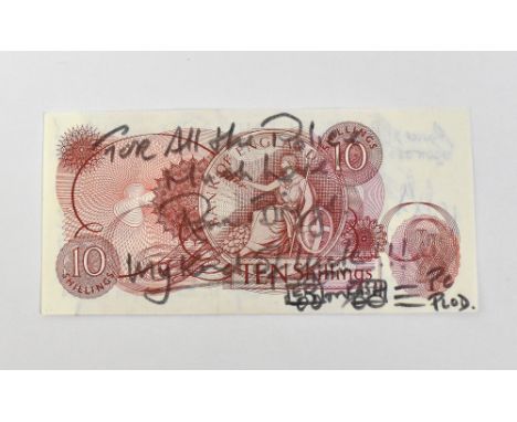 THE GREAT TRAIN ROBBERY; a ten shilling bank note bearing the signatures of Ronnie Biggs, Bruce Reynolds, Tommy Wisby, Chas W