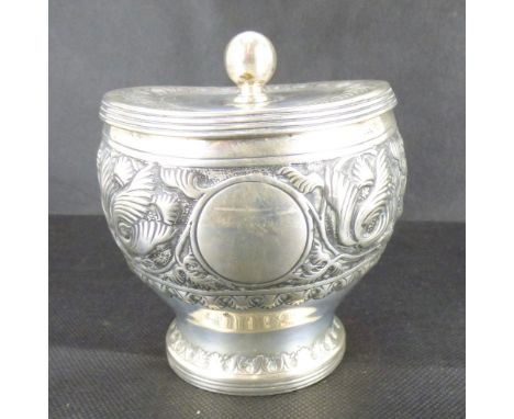 A Victorian hallmarked silver lidded tea caddy with all-over floral patter, concave lid and ball finial, 10.5 x 8.5cm, Samuel