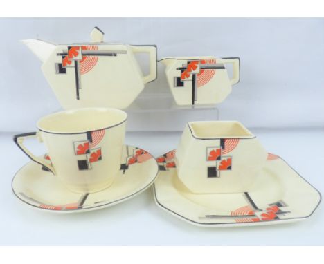 MIDWINTER; an Art Deco bachelor tea service comprising cup, saucer, side plate, teapot, sugar bowl and milk jug (6).