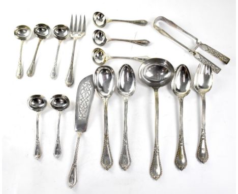 Sixteen pieces of silver plated cutlery, all with Grecian pattern, comprising eight sauce ladles, asparagus tongs, two gravy 