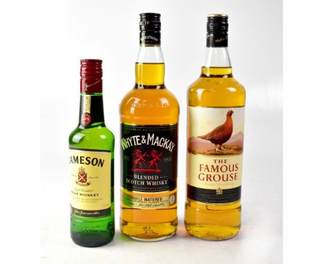 Three bottles of Scotch whisky, a Whyte &amp; MacKay blended Scotch whisky triple matured 1l, The Famous Grouse blended Scotc