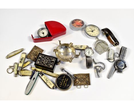 A quantity of wristwatches, penknives, fruit knives, a nurse's belt buckle, a silver plated mesh purse and other collectible 