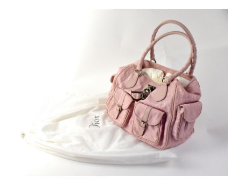 CHRISTIAN DIOR; a 'Diorissimo' pink canvas and pink calfskin leather satchel-style tote bag, with white metal Christian Dior 
