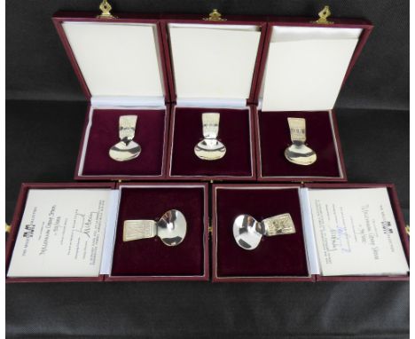 Five limited edition Millennium caddy spoons from the Millennium Collection, numbers 51/100, 52/100, 82/100, 94/100 and 95/10