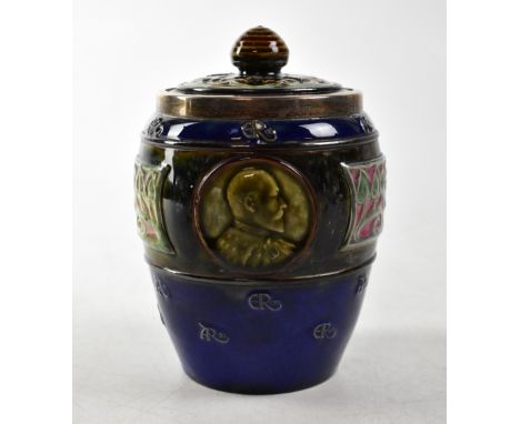 DOULTON LAMBETH; a stoneware lidded tobacco jar with hallmarked silver rim, commemorating Edward VII and Queen Alexandria, wi