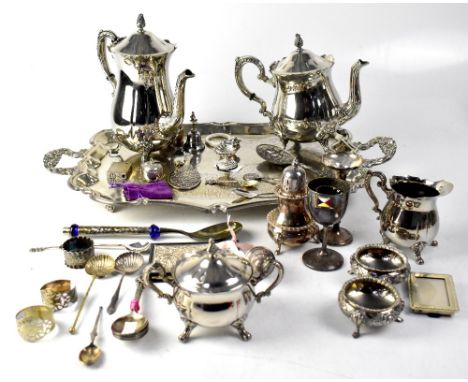 A silver plated four-piece tea set on a galleried tray, together with a quantity of other silver plated wares, including spoo