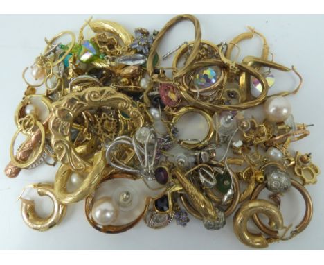 A quantity of ladies' earrings to include 14ct and 9ct gold examples, gold-coloured metal and gold plated examples, some set 
