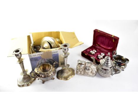 A quantity of mixed metalware to include plated ware, flatware, a brass miner's lamp, a cut glass perfume bottle with white t