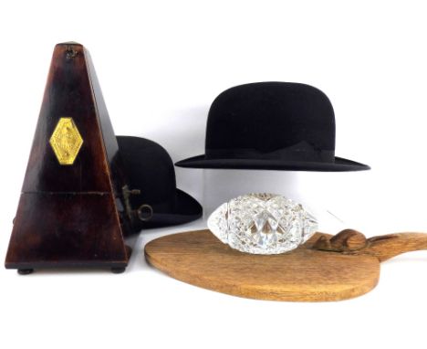 Various collectibles to include two bowler hats, one by Dunn &amp; Co, size 7 1/4, the other by Hayter, size 6 3/4, a metrono